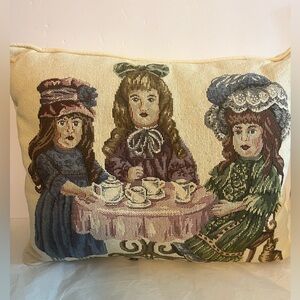 VICTORIAN‎ TAPESTRY THROW PILLOW 3 GIRLS TEA PARTY PREOWNED EXCELLENT CONDITION